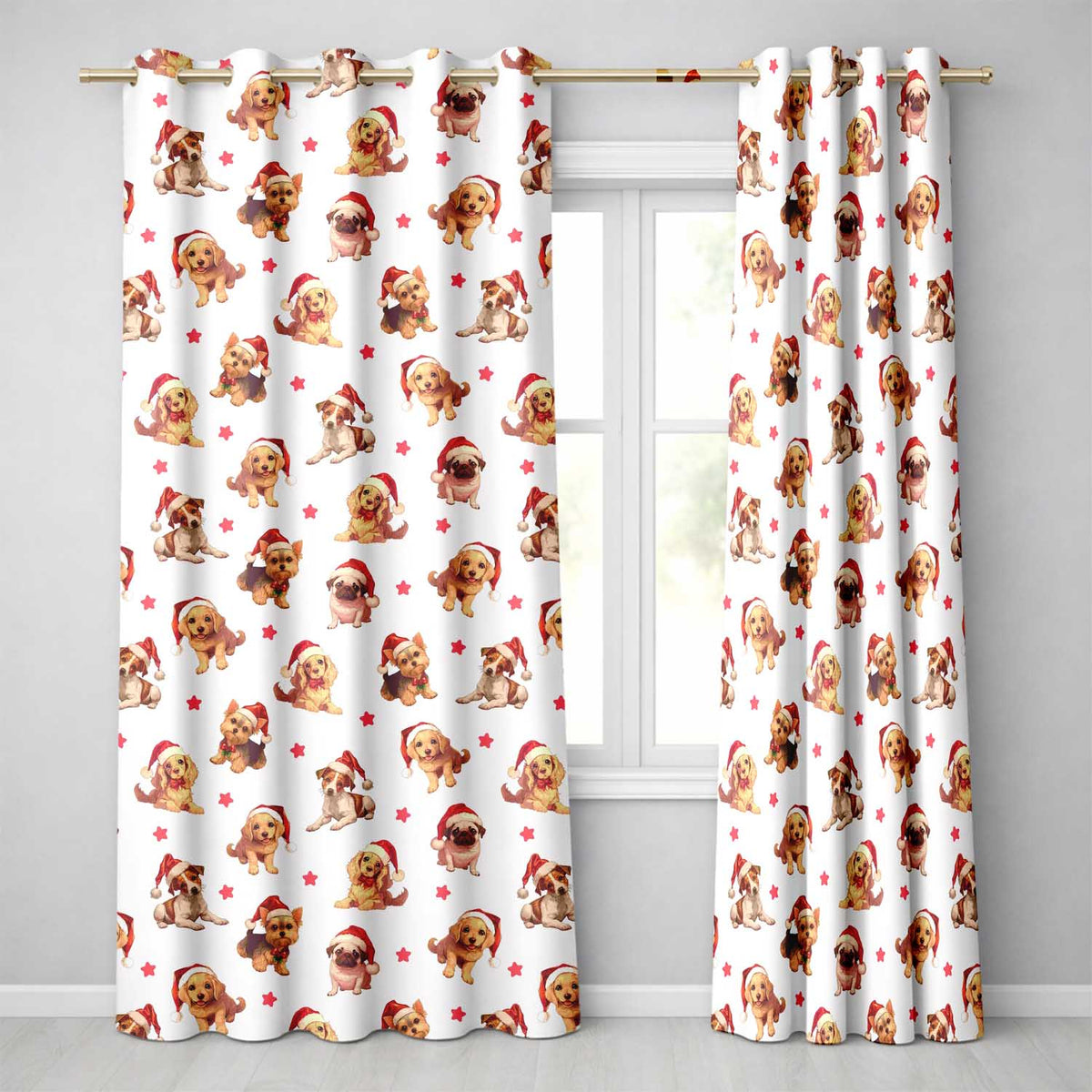 Cute Christmas Puppies in Santa Hats Seamless Pattern White Background  Readymade Eyelet Ring Top Thermal 100% Blackout Curtains