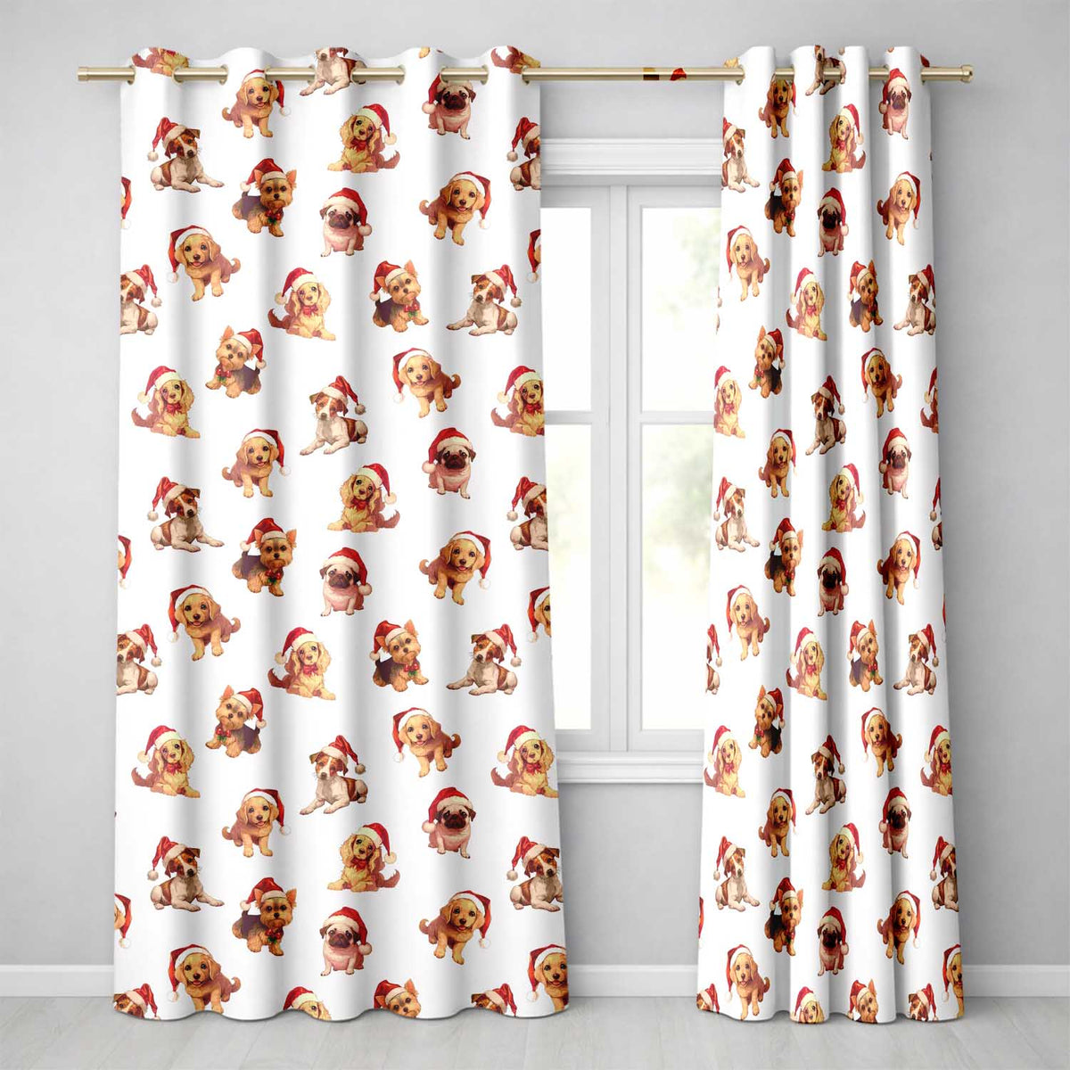 Cute Christmas Puppies in Santa Hats Seamless Pattern Background  Readymade Eyelet Ring Top Thermal 100% Blackout Curtains