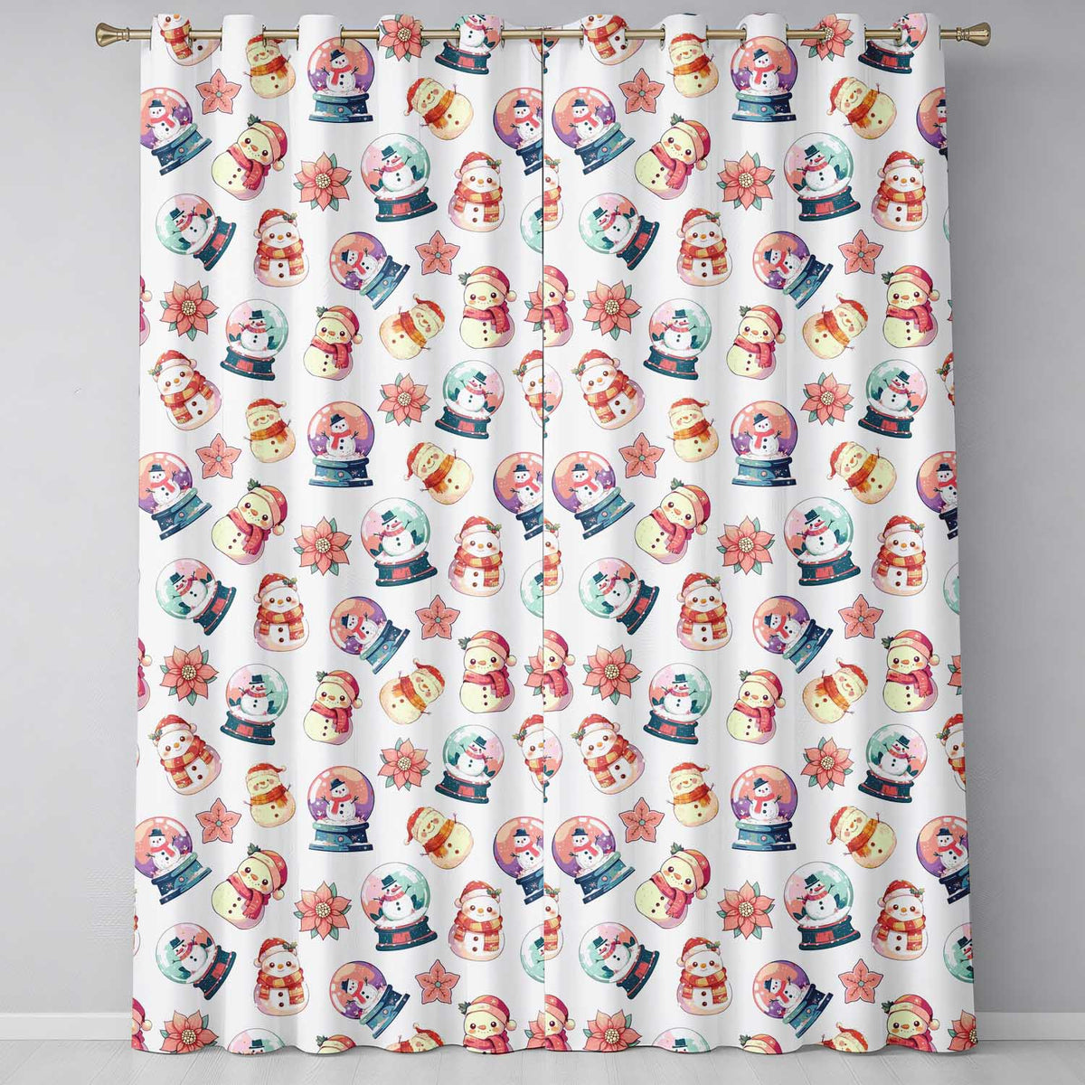 Cute Snowman Snow Globe Poinsettia Christmas Seamless Pattern  Readymade Eyelet Ring Top Thermal 100% Blackout Curtains