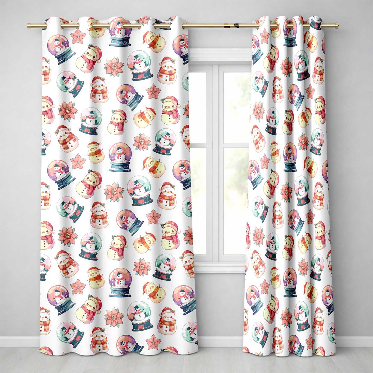 Cute Snowman Snow Globe Poinsettia Christmas Seamless Pattern  Readymade Eyelet Ring Top Thermal 100% Blackout Curtains