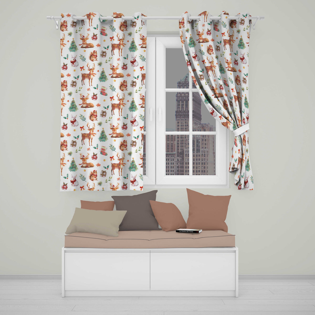 Cute Watercolor Reindeer Squirrel Holly Leaves Christmas Seamless Pattern  Readymade Eyelet Ring Top Thermal 100% Blackout Curtains