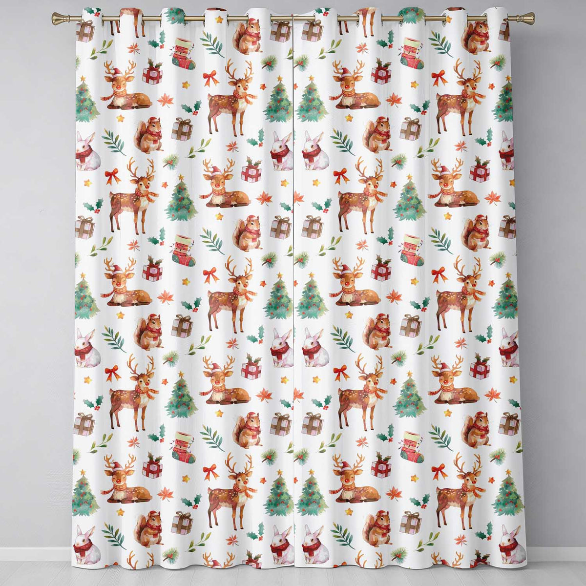 Cute Watercolor Reindeer Squirrel Holly Leaves Christmas Seamless Pattern  Readymade Eyelet Ring Top Thermal 100% Blackout Curtains