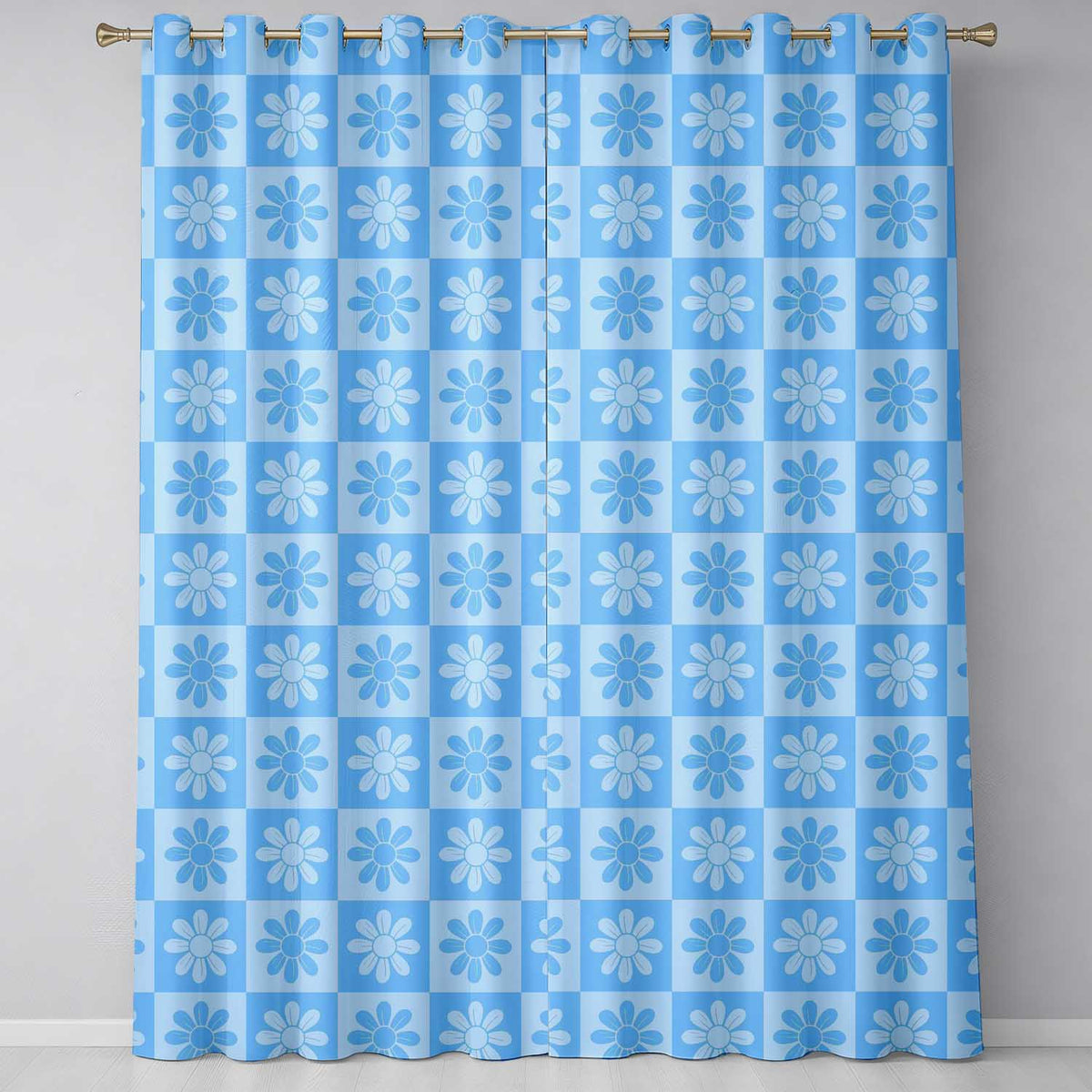 Cute Soft Blue Daisy Checkerboard  Floral Seamless Pattern  Readymade Eyelet Ring Top Thermal 100% Blackout Curtains