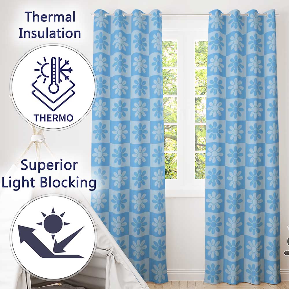 Cute Soft Blue Daisy Checkerboard  Floral Seamless Pattern  Readymade Eyelet Ring Top Thermal 100% Blackout Curtains