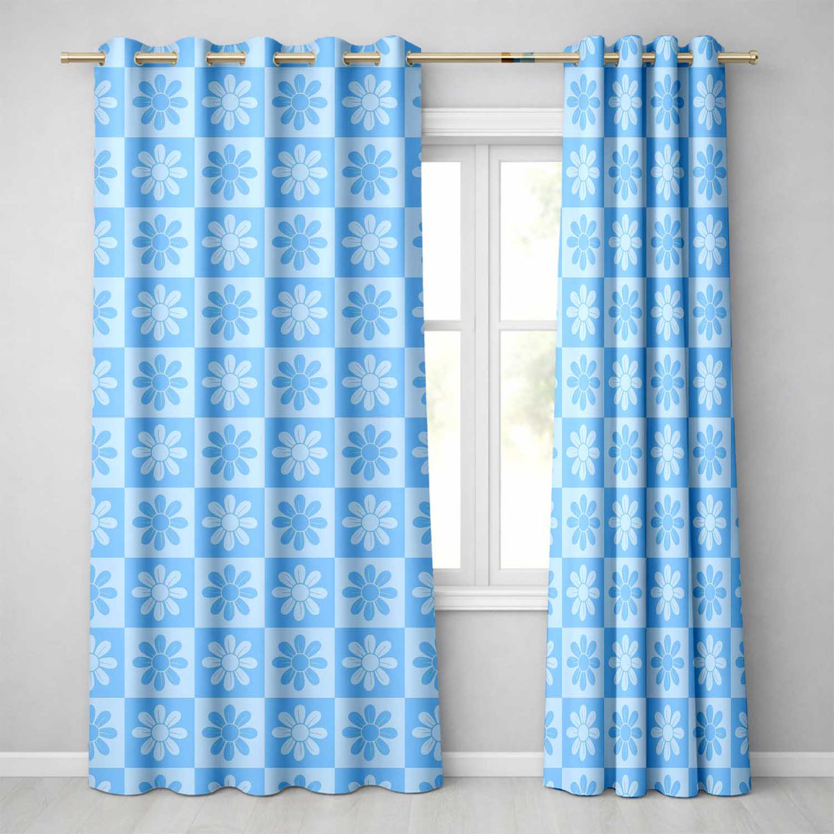 Cute Soft Blue Daisy Checkerboard  Floral Seamless Pattern  Readymade Eyelet Ring Top Thermal 100% Blackout Curtains