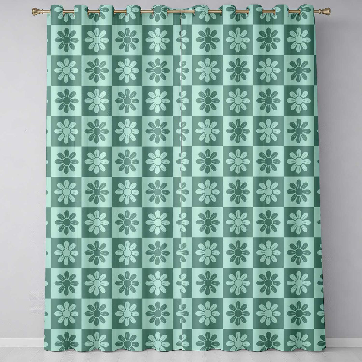 Cute Green Daisy Checkerboard  Floral Seamless Pattern  Readymade Eyelet Ring Top Thermal 100% Blackout Curtains