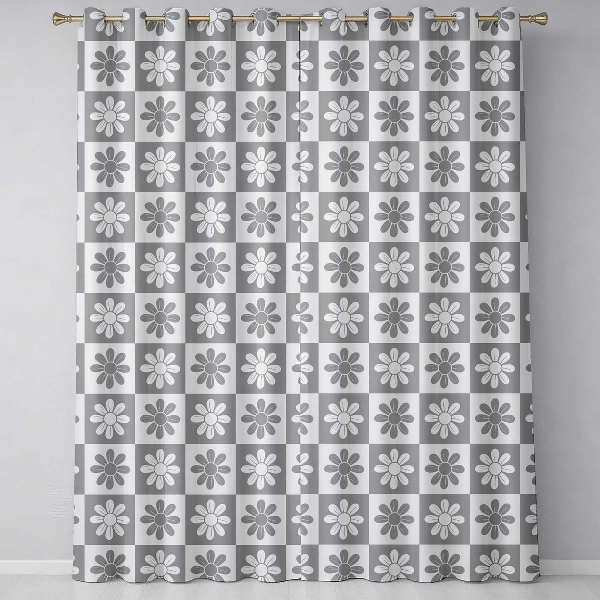 Cute Grey Daisy Checkerboard  Floral Seamless Pattern  Readymade Eyelet Ring Top Thermal 100% Blackout Curtains