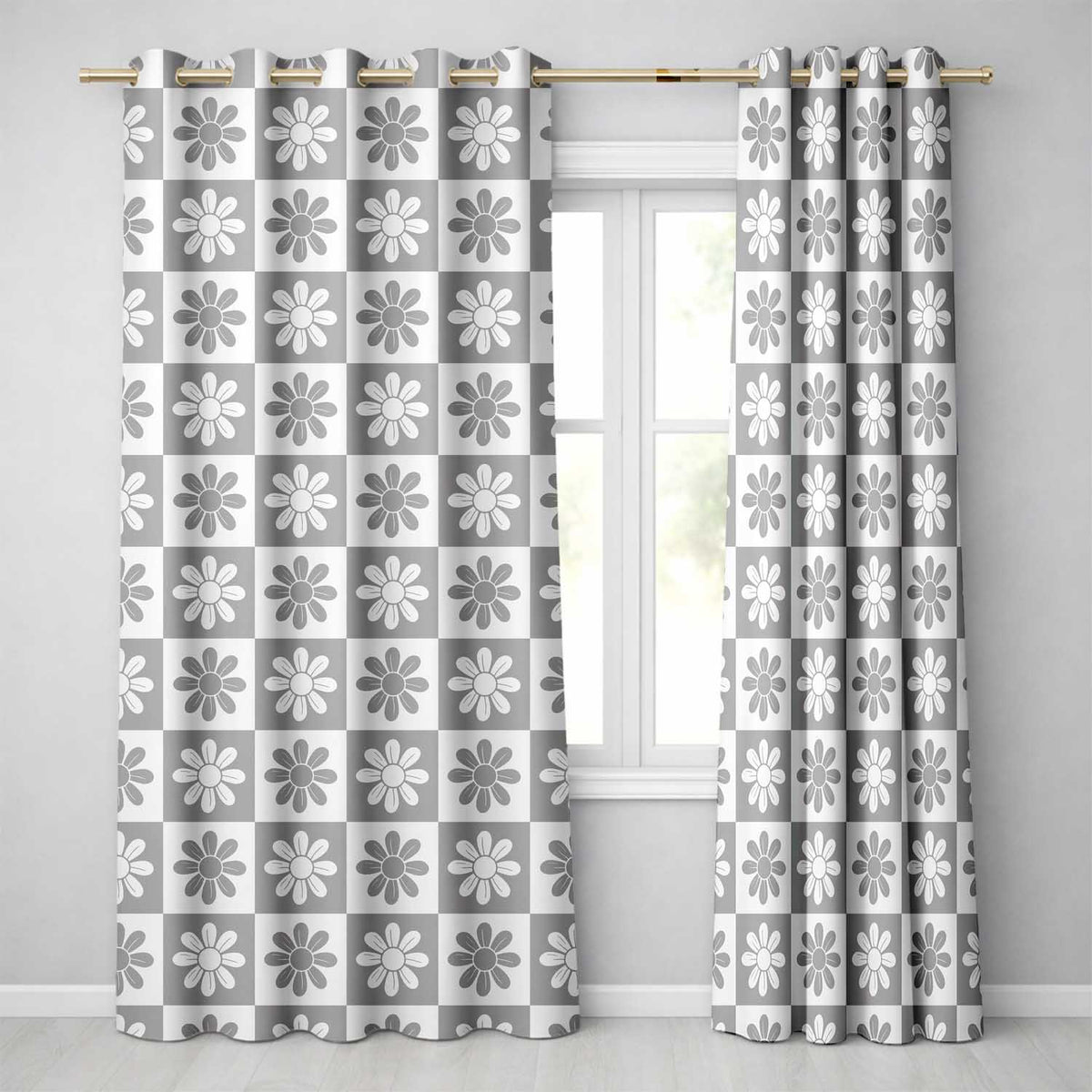 Cute Grey Daisy Checkerboard  Floral Seamless Pattern  Readymade Eyelet Ring Top Thermal 100% Blackout Curtains