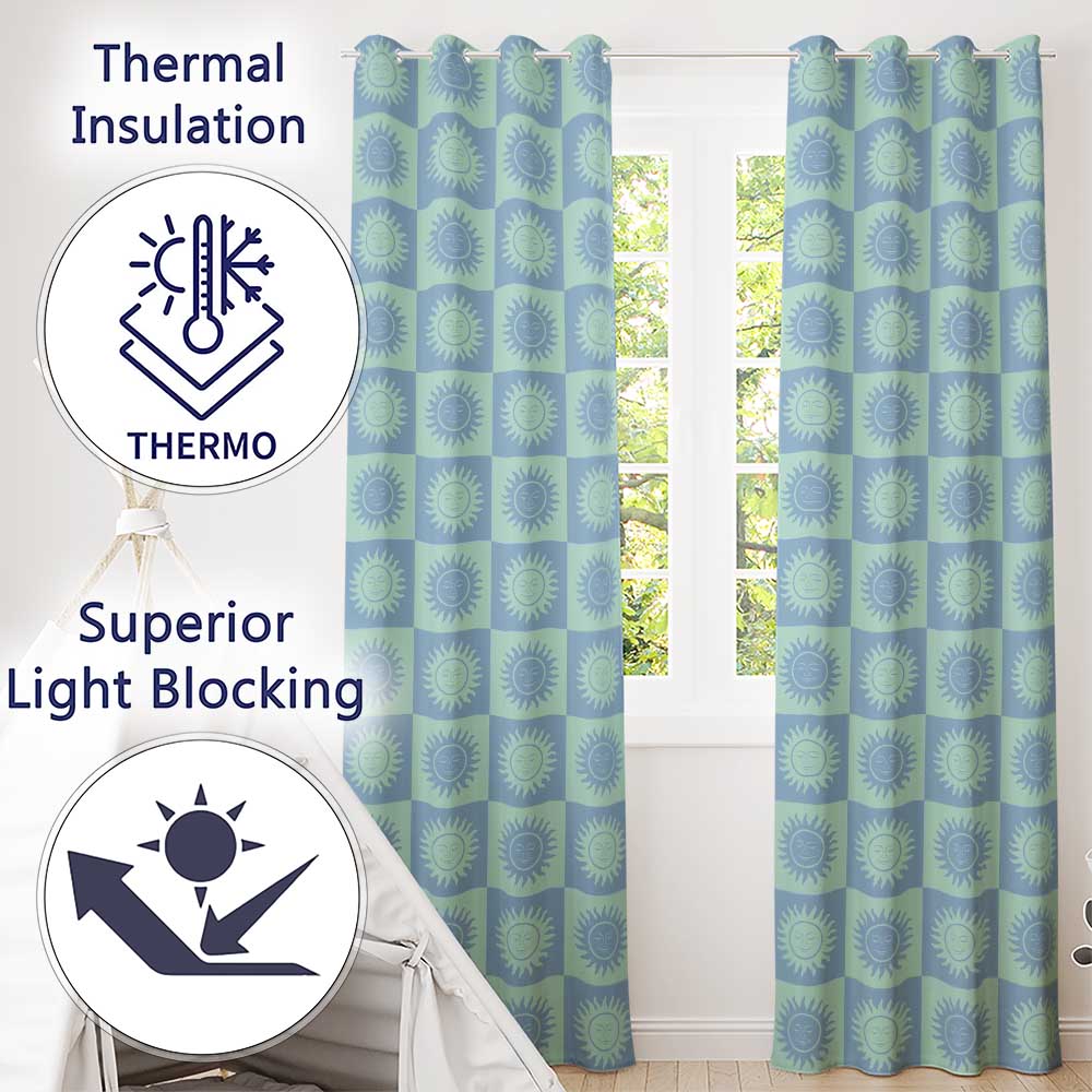 Cute Blue Pastel Sun Face Checkerboard Celestial Seamless Pattern  Readymade Eyelet Ring Top Thermal 100% Blackout Curtains