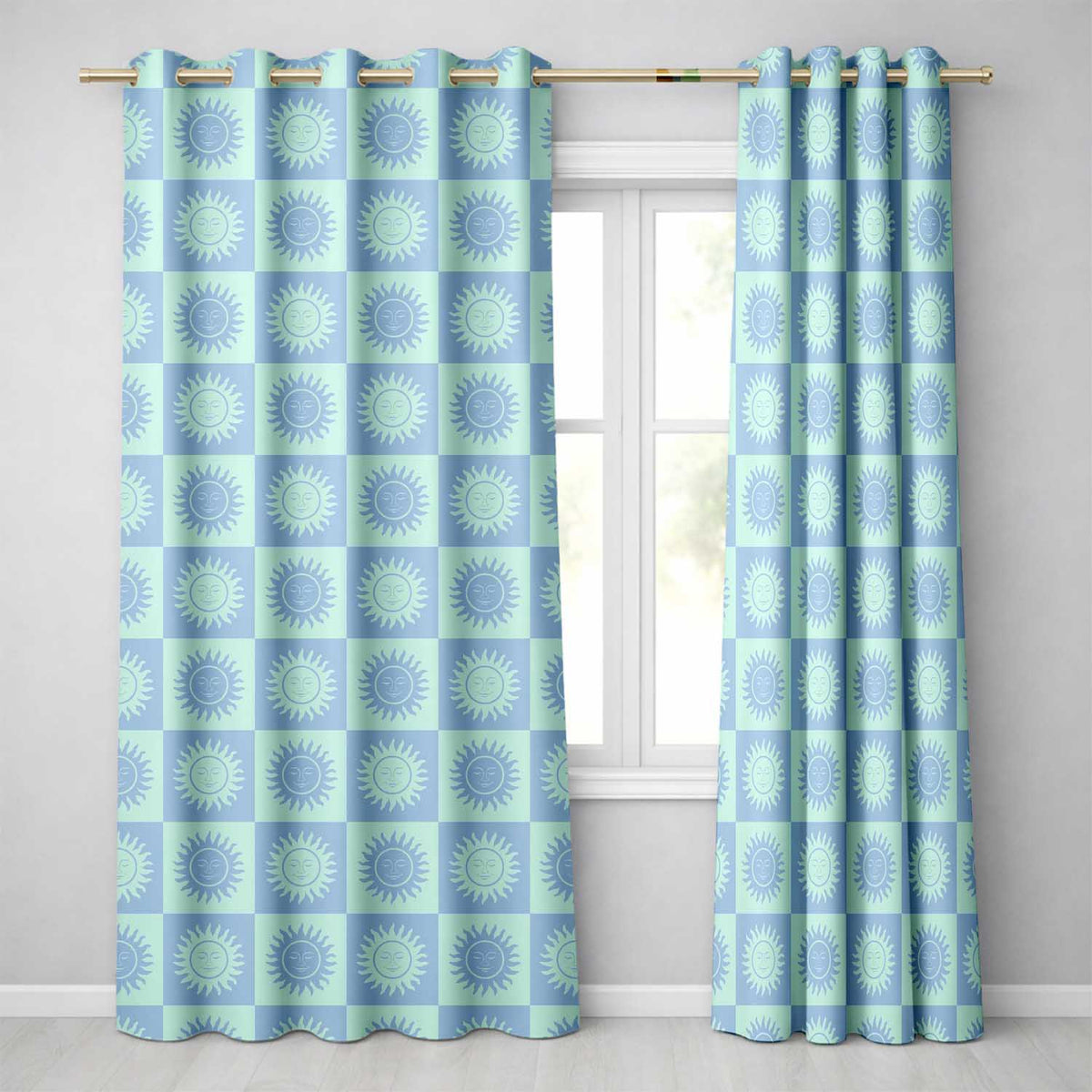 Cute Blue Pastel Sun Face Checkerboard Celestial Seamless Pattern  Readymade Eyelet Ring Top Thermal 100% Blackout Curtains