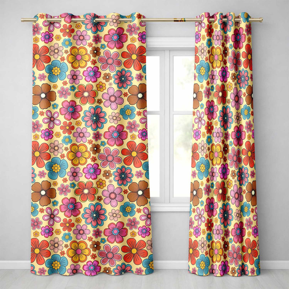Cute  Multicolor Floral Bloom Warm Beige Seamless Pattern  Readymade Eyelet Ring Top Thermal 100% Blackout Curtains