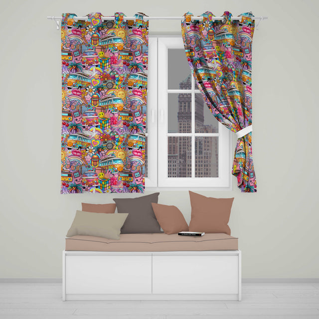 Hippie Van Rainbow Smileys Music Collage Purple Background Seamless Pattern  Readymade Eyelet Ring Top Thermal 100% Blackout Curtains