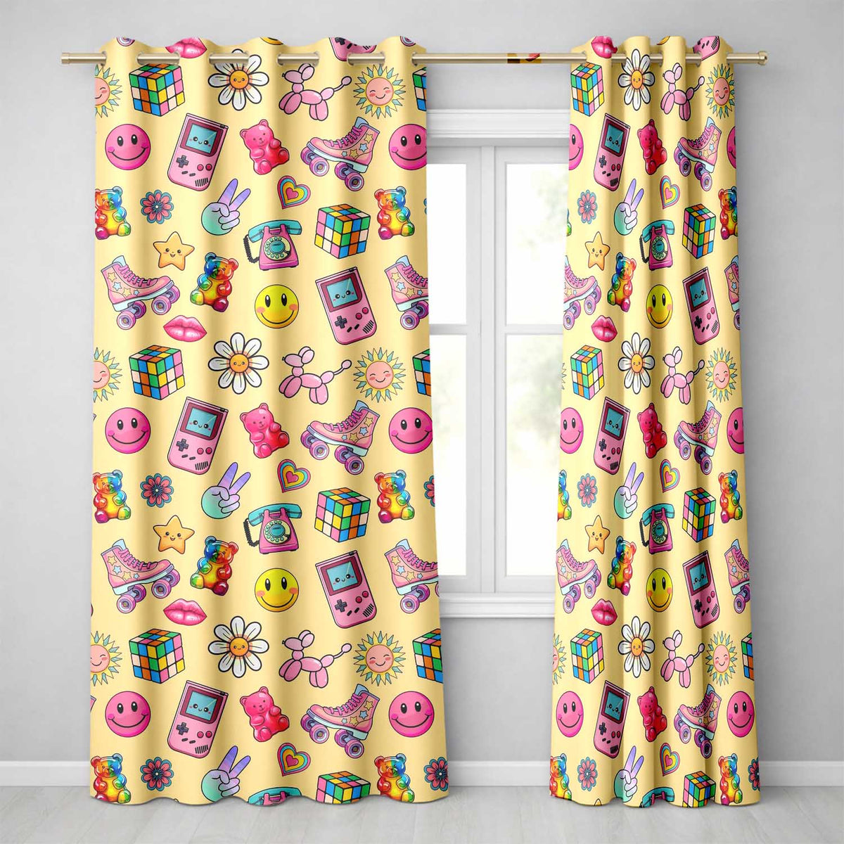 Gummy Bear Rainbow  Roller Skate Warm Beige Background Seamless Pattern  Readymade Eyelet Ring Top Thermal 100% Blackout Curtains