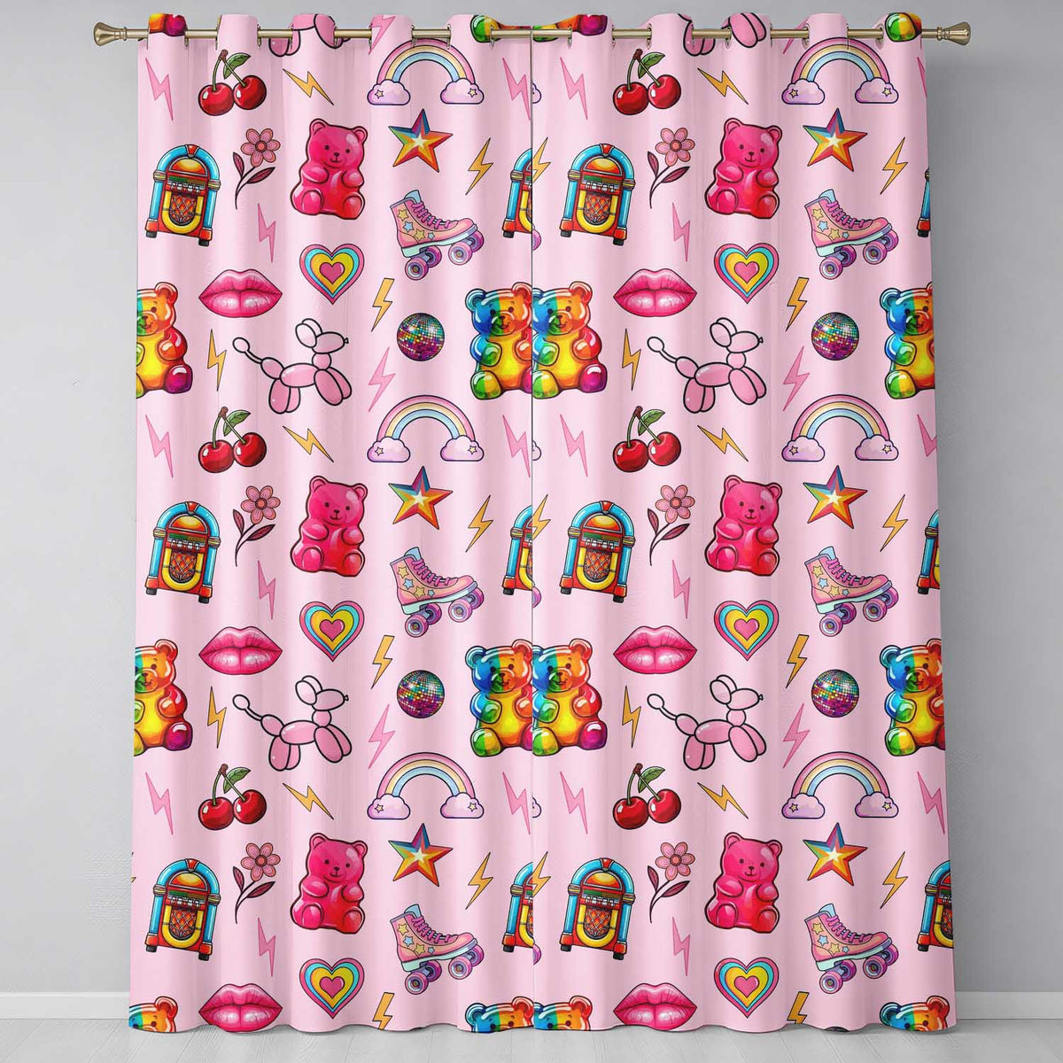 Gummy Bear Rainbow  Roller Skate Pink Background Seamless Pattern  Readymade Eyelet Ring Top Thermal 100% Blackout Curtains