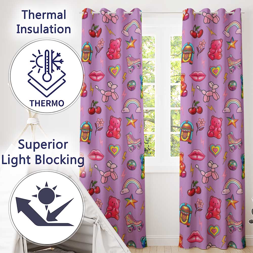 Gummy Bear Rainbow  Roller Skate Purple Background Seamless Pattern  Readymade Eyelet Ring Top Thermal 100% Blackout Curtains