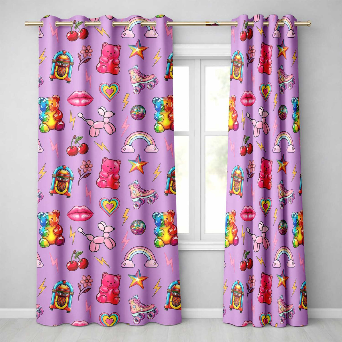 Gummy Bear Rainbow  Roller Skate Purple Background Seamless Pattern  Readymade Eyelet Ring Top Thermal 100% Blackout Curtains
