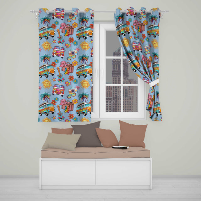 Hippie Van Camera Guitar Floral Travel Blue Background Seamless Pattern  Readymade Eyelet Ring Top Thermal 100% Blackout Curtains