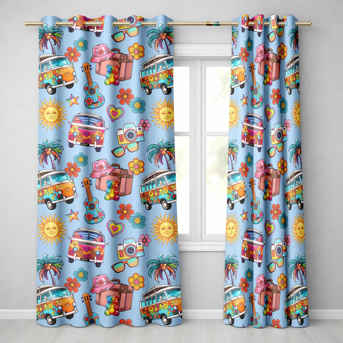 Hippie Van Camera Guitar Floral Travel Blue Background Seamless Pattern  Readymade Eyelet Ring Top Thermal 100% Blackout Curtains