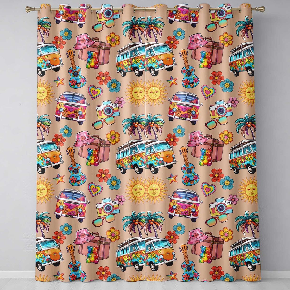 Hippie Van Camera Guitar Floral Travel Peach Background Seamless Pattern  Readymade Eyelet Ring Top Thermal 100% Blackout Curtains