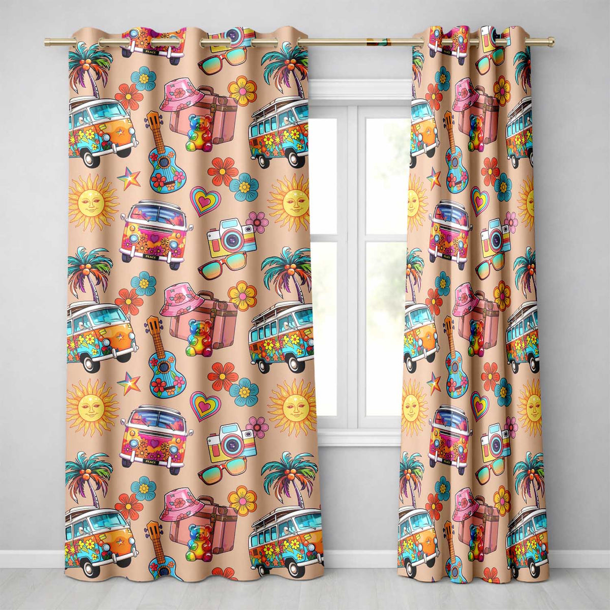 Hippie Van Camera Guitar Floral Travel Peach Background Seamless Pattern  Readymade Eyelet Ring Top Thermal 100% Blackout Curtains