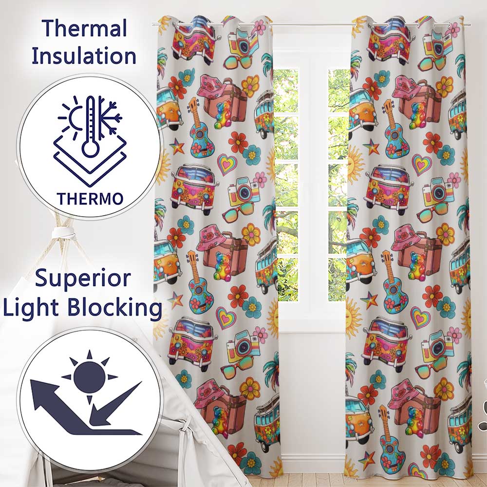 Hippie Van Camera Guitar Floral Travel Cream Background Seamless Pattern  Readymade Eyelet Ring Top Thermal 100% Blackout Curtains