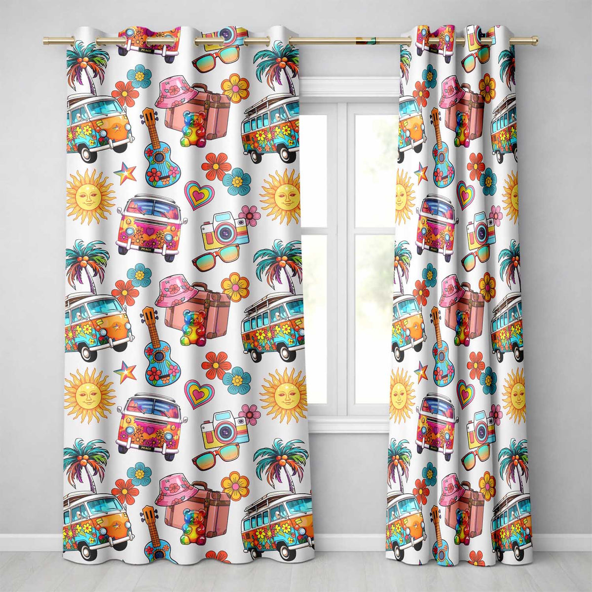 Hippie Van Camera Guitar Floral Travel Cream Background Seamless Pattern  Readymade Eyelet Ring Top Thermal 100% Blackout Curtains