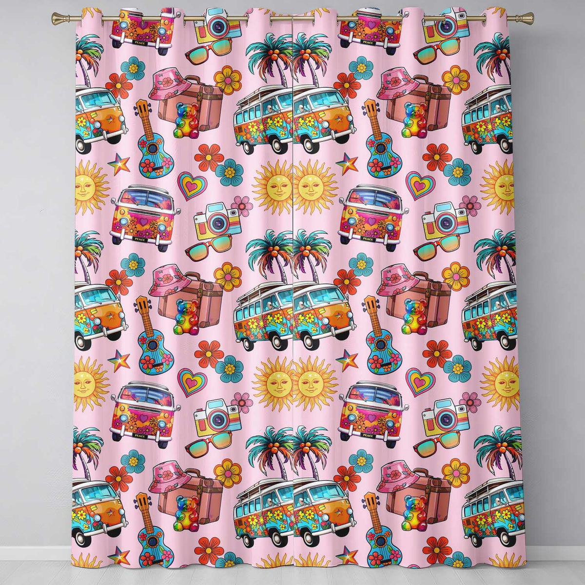Hippie Van  Guitar Floral Travel Light Pink Background Seamless Pattern  Readymade Eyelet Ring Top Thermal 100% Blackout Curtains