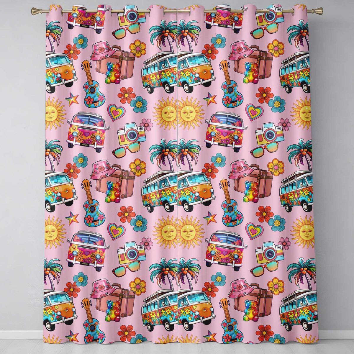 Hippie Van  Guitar Floral Travel Soft Pink Background Seamless Pattern  Readymade Eyelet Ring Top Thermal 100% Blackout Curtains