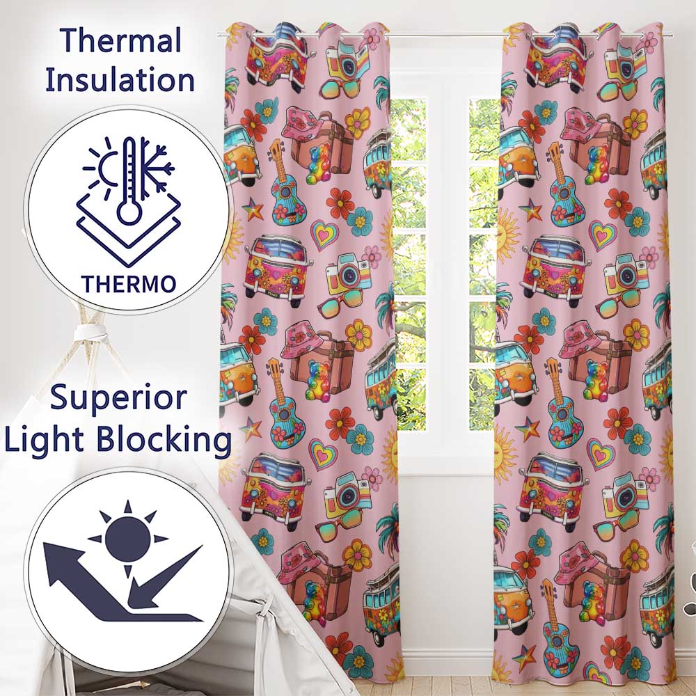 Hippie Van  Guitar Floral Travel Soft Pink Background Seamless Pattern  Readymade Eyelet Ring Top Thermal 100% Blackout Curtains