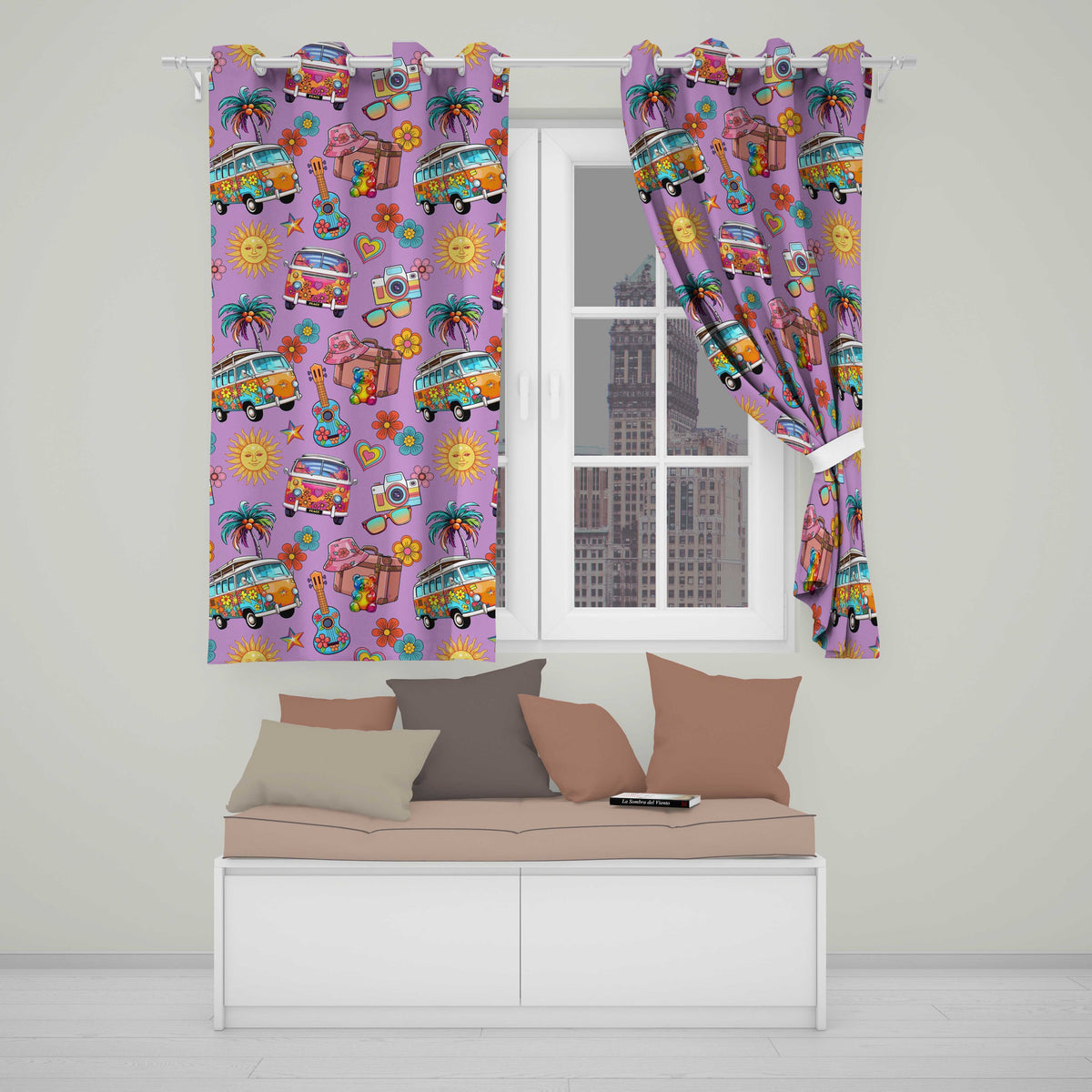 Hippie Van  Guitar Floral Travel Purple Background Seamless Pattern  Readymade Eyelet Ring Top Thermal 100% Blackout Curtains