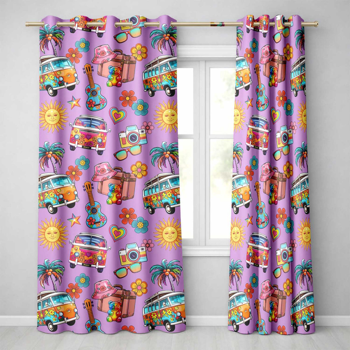 Hippie Van  Guitar Floral Travel Purple Background Seamless Pattern  Readymade Eyelet Ring Top Thermal 100% Blackout Curtains