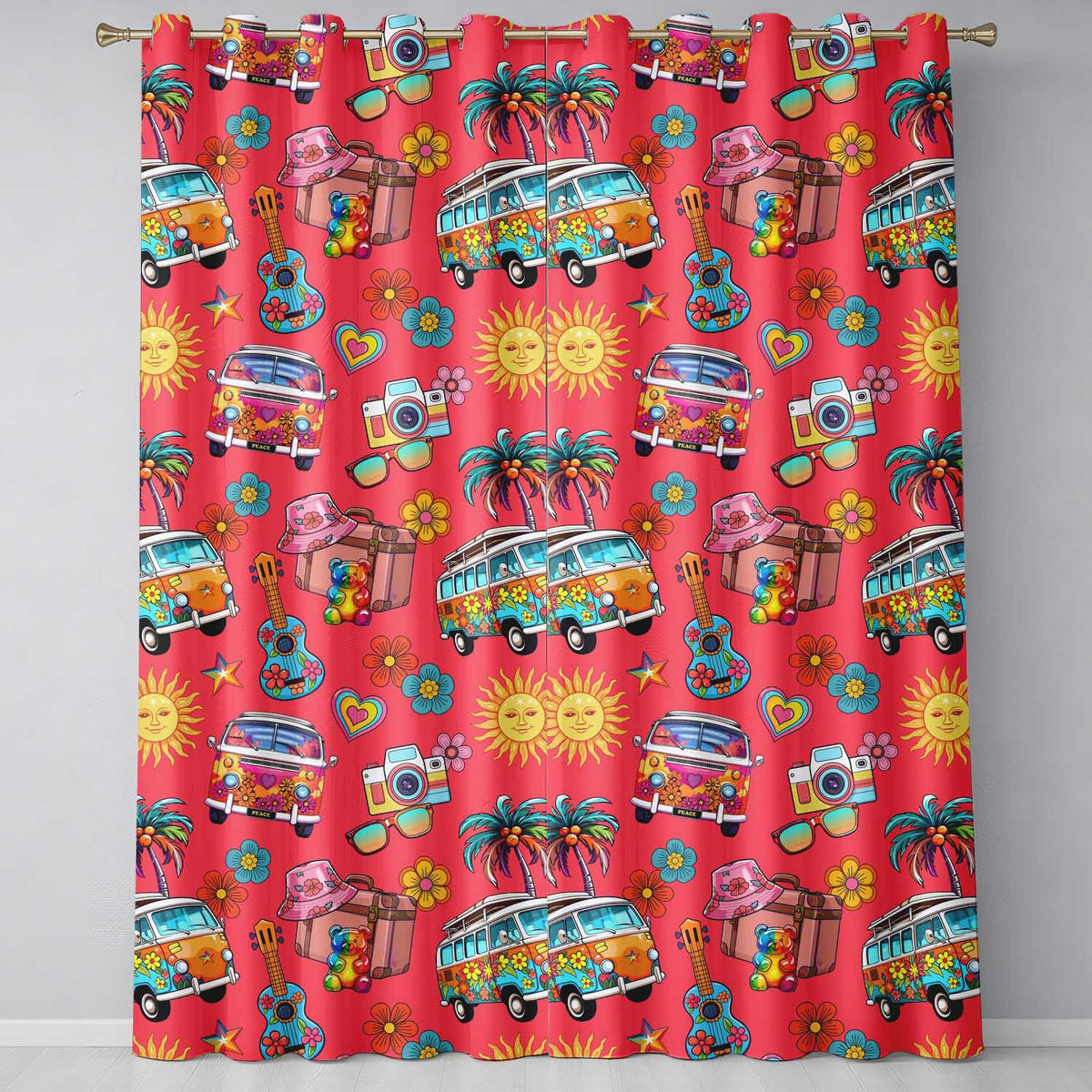 Hippie Van Camera Guitar Floral Travel Red Background Seamless Pattern  Readymade Eyelet Ring Top Thermal 100% Blackout Curtains