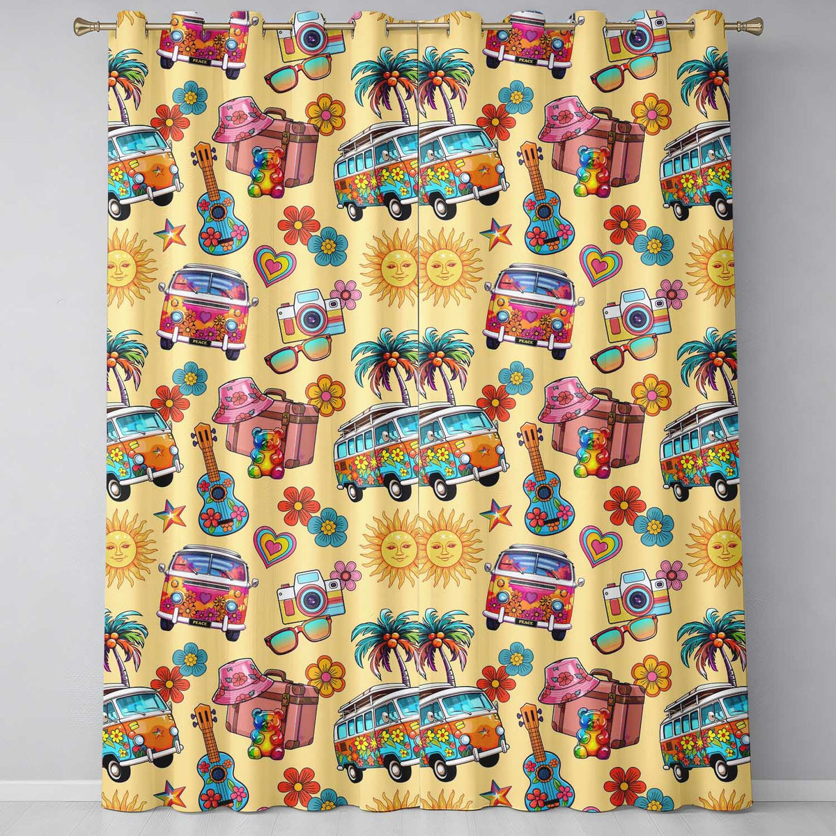 Hippie Camera Guitar Floral Travel Yellow Background Seamless Pattern  Readymade Eyelet Ring Top Thermal 100% Blackout Curtains