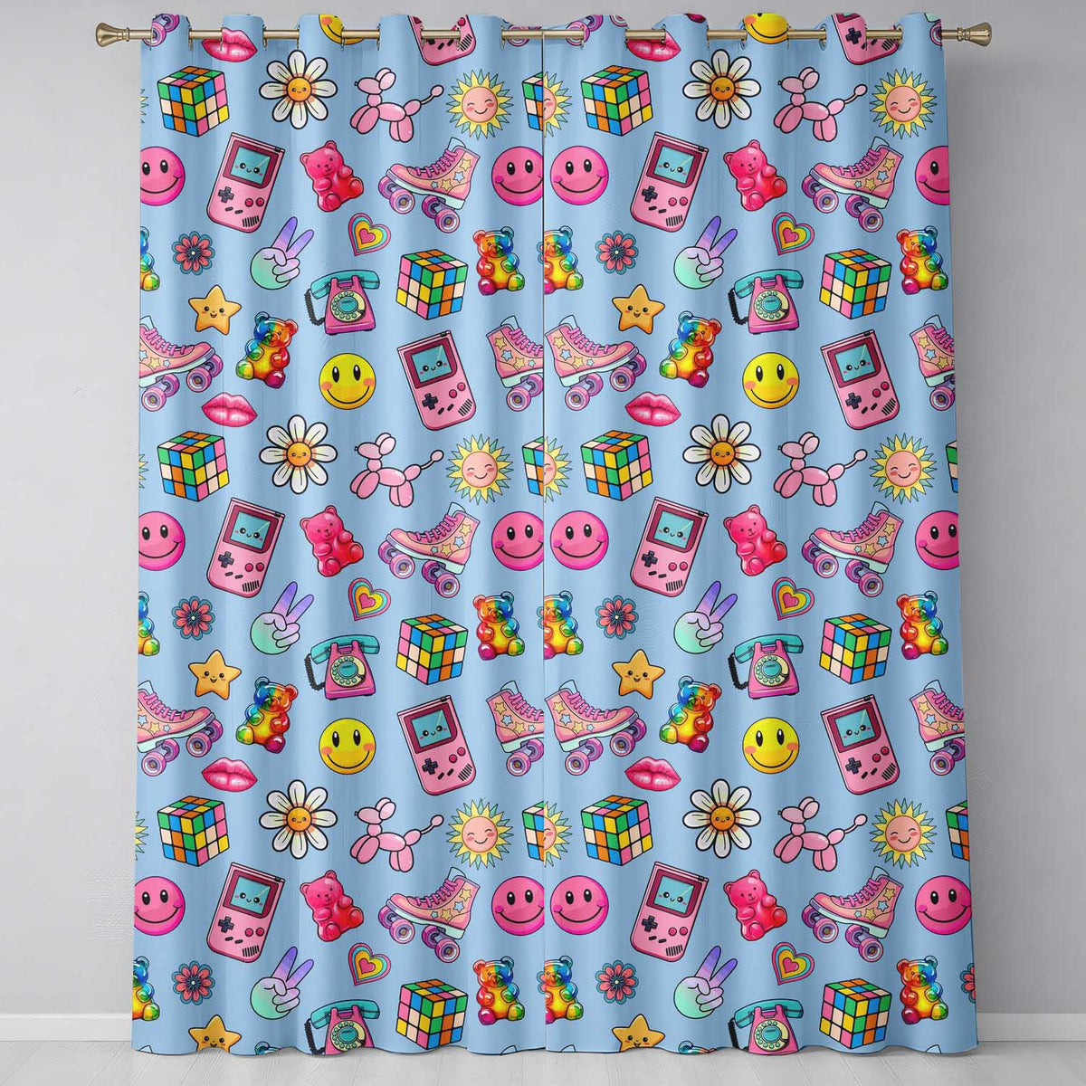 Toys  Smiley  Roller Skate Blue Background Seamless Pattern  Readymade Eyelet Ring Top Thermal 100% Blackout Curtains