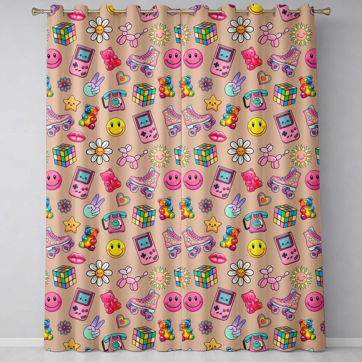 Toys  Smiley  Roller Skate Beige Background Seamless Pattern  Readymade Eyelet Ring Top Thermal 100% Blackout Curtains