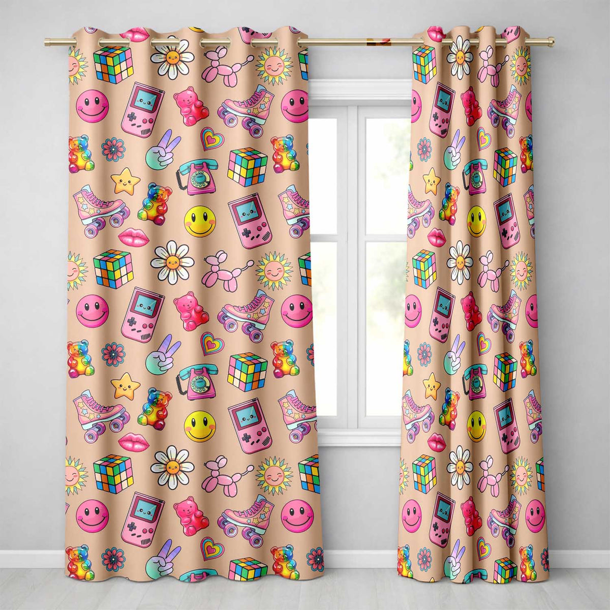 Toys  Smiley  Roller Skate Beige Background Seamless Pattern  Readymade Eyelet Ring Top Thermal 100% Blackout Curtains