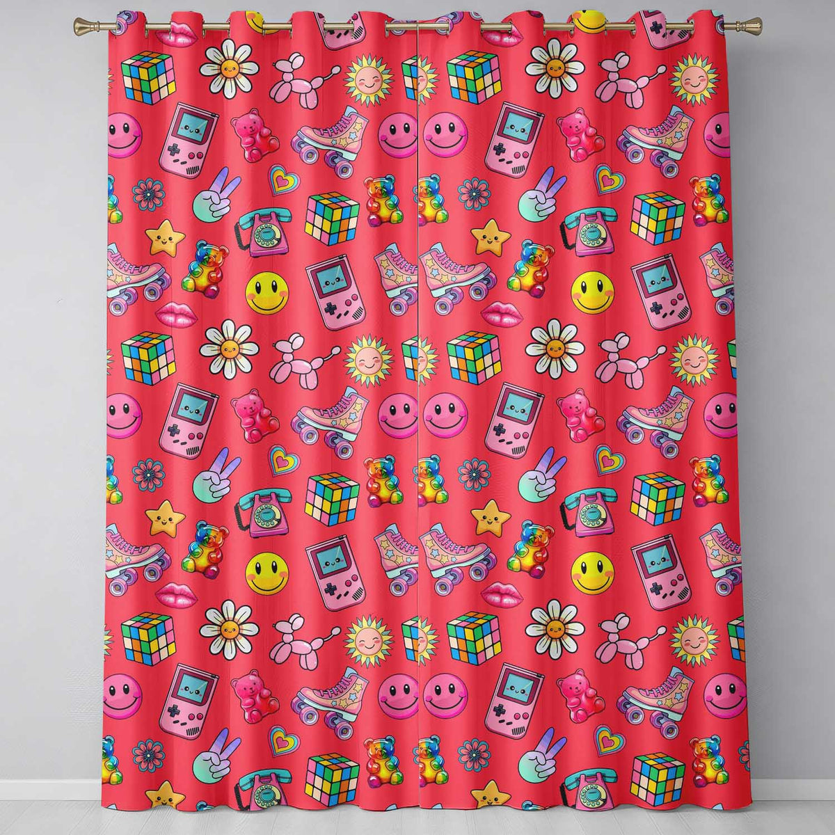 Toys  Smiley  Roller Skate Red Background Seamless Pattern  Readymade Eyelet Ring Top Thermal 100% Blackout Curtains