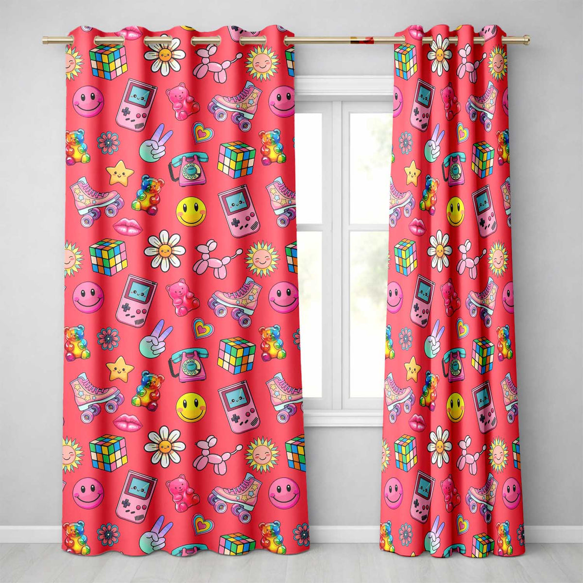 Toys  Smiley  Roller Skate Red Background Seamless Pattern  Readymade Eyelet Ring Top Thermal 100% Blackout Curtains