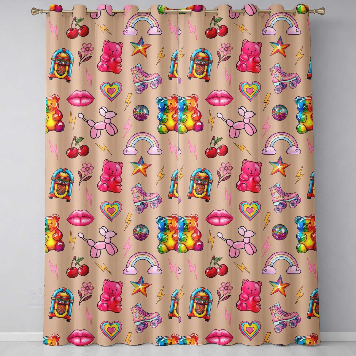Gummy Bear Rainbow Roller Skate  Lightning Peach Background Seamless Pattern  Readymade Eyelet Ring Top Thermal 100% Blackout Curtains