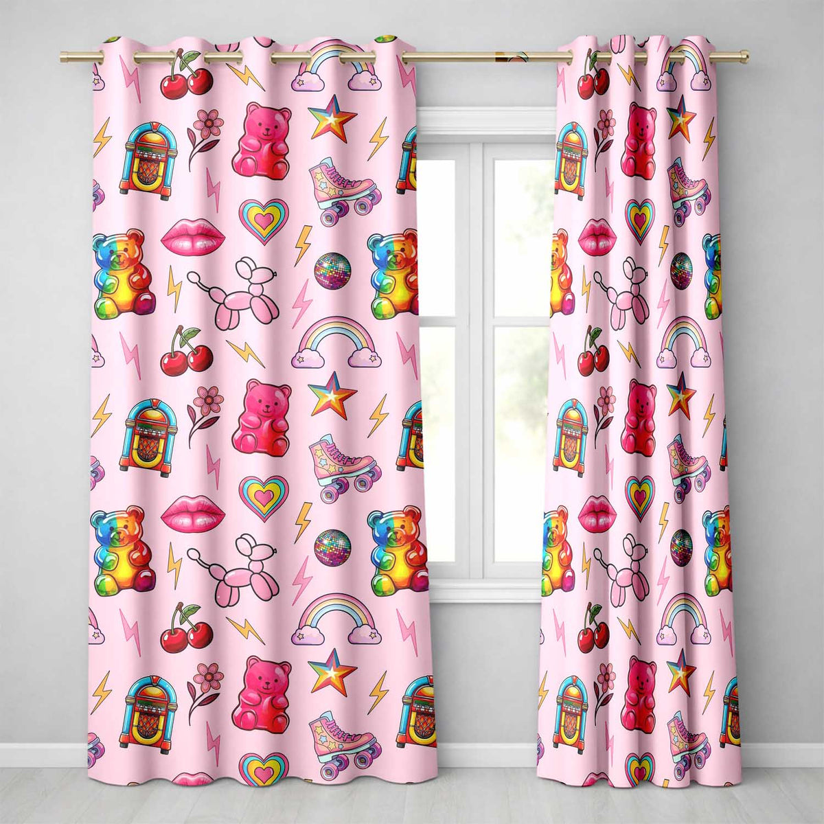 Cute Kawaii Gummy Bear Cherry Rainbow Roller Skate Pink Background Seamless  Readymade Eyelet Ring Top Thermal 100% Blackout Curtains