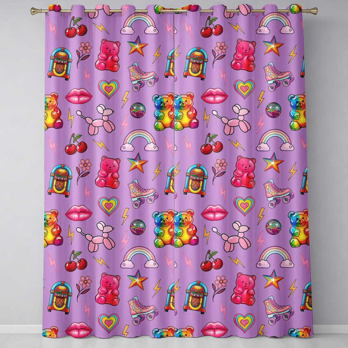 Cute Kawaii Gummy Bear Cherry Rainbow Roller Skate Purple Background Seamless  Readymade Eyelet Ring Top Thermal 100% Blackout Curtains