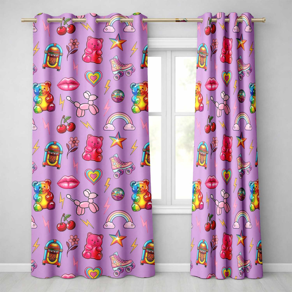 Cute Kawaii Gummy Bear Cherry Rainbow Roller Skate Purple Background Seamless  Readymade Eyelet Ring Top Thermal 100% Blackout Curtains