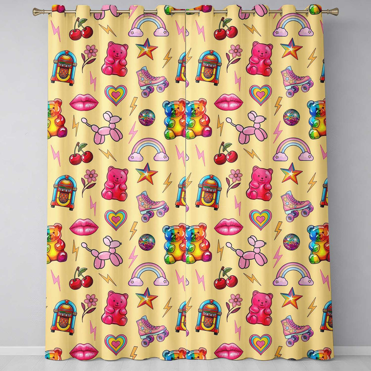 Cute Kawaii Gummy Bear Cherry Rainbow Roller Skate Beige Background Seamless  Readymade Eyelet Ring Top Thermal 100% Blackout Curtains
