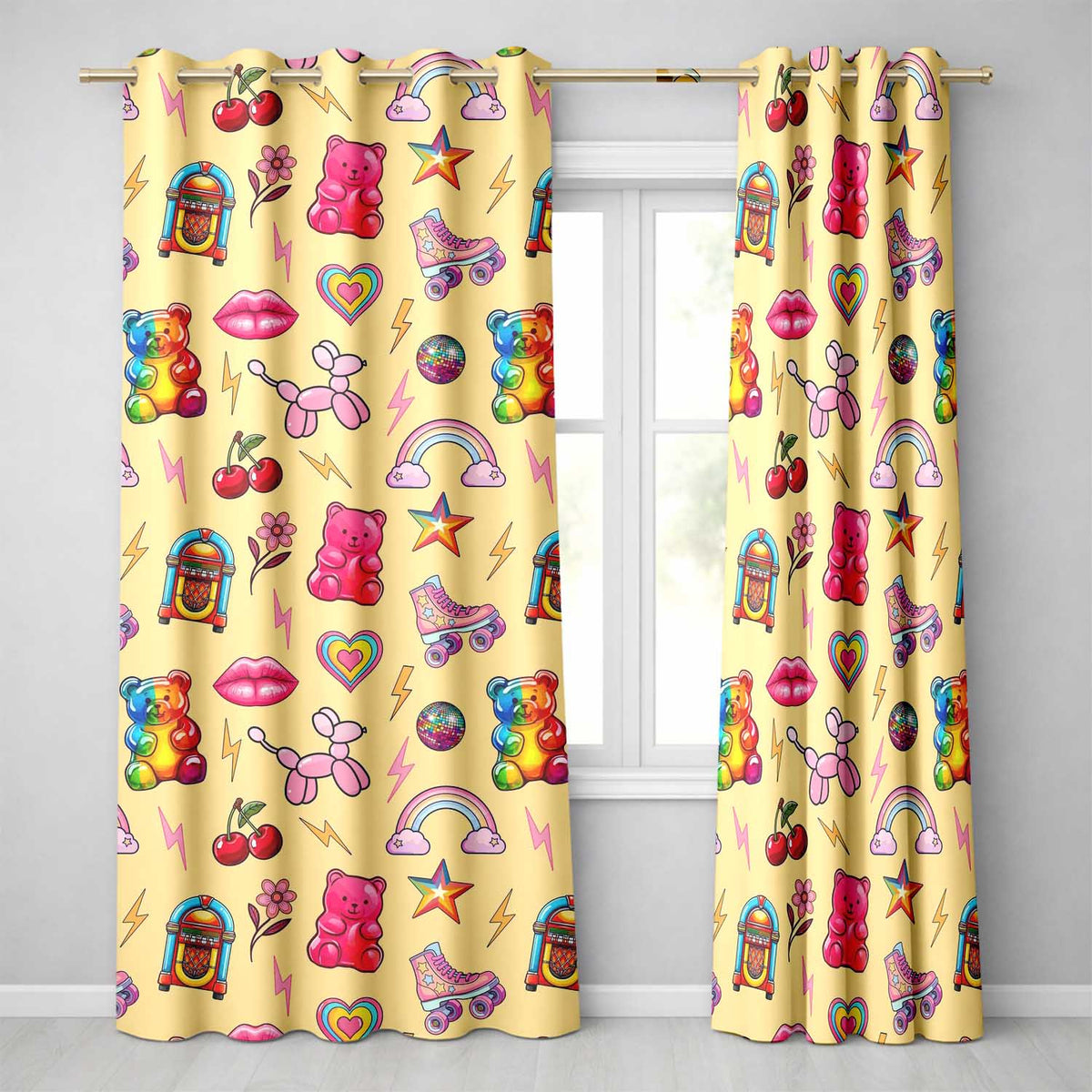 Cute Kawaii Gummy Bear Cherry Rainbow Roller Skate Beige Background Seamless  Readymade Eyelet Ring Top Thermal 100% Blackout Curtains