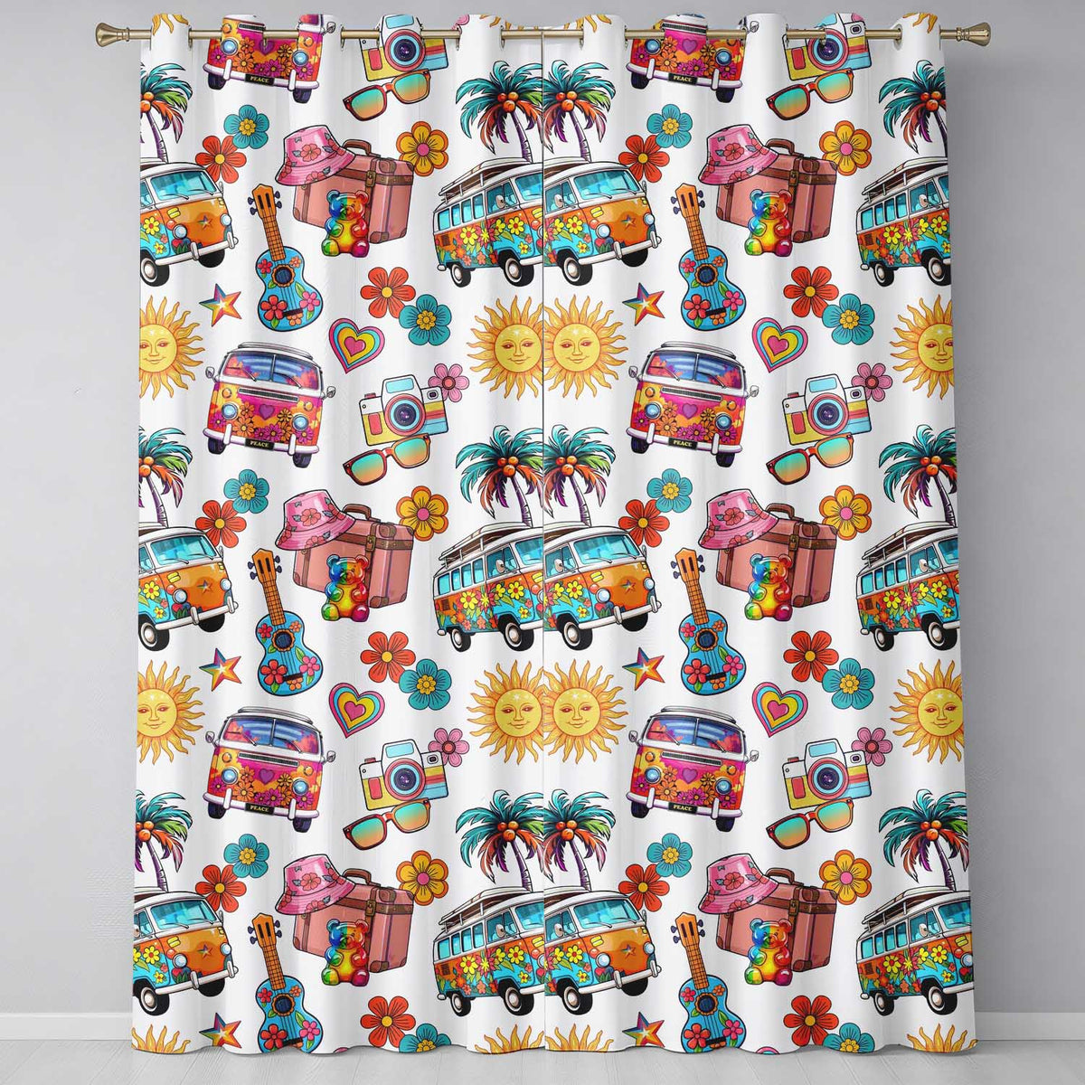 Hippie Van Camera Guitar Floral Travel Beige Background Seamless  Readymade Eyelet Ring Top Thermal 100% Blackout Curtains