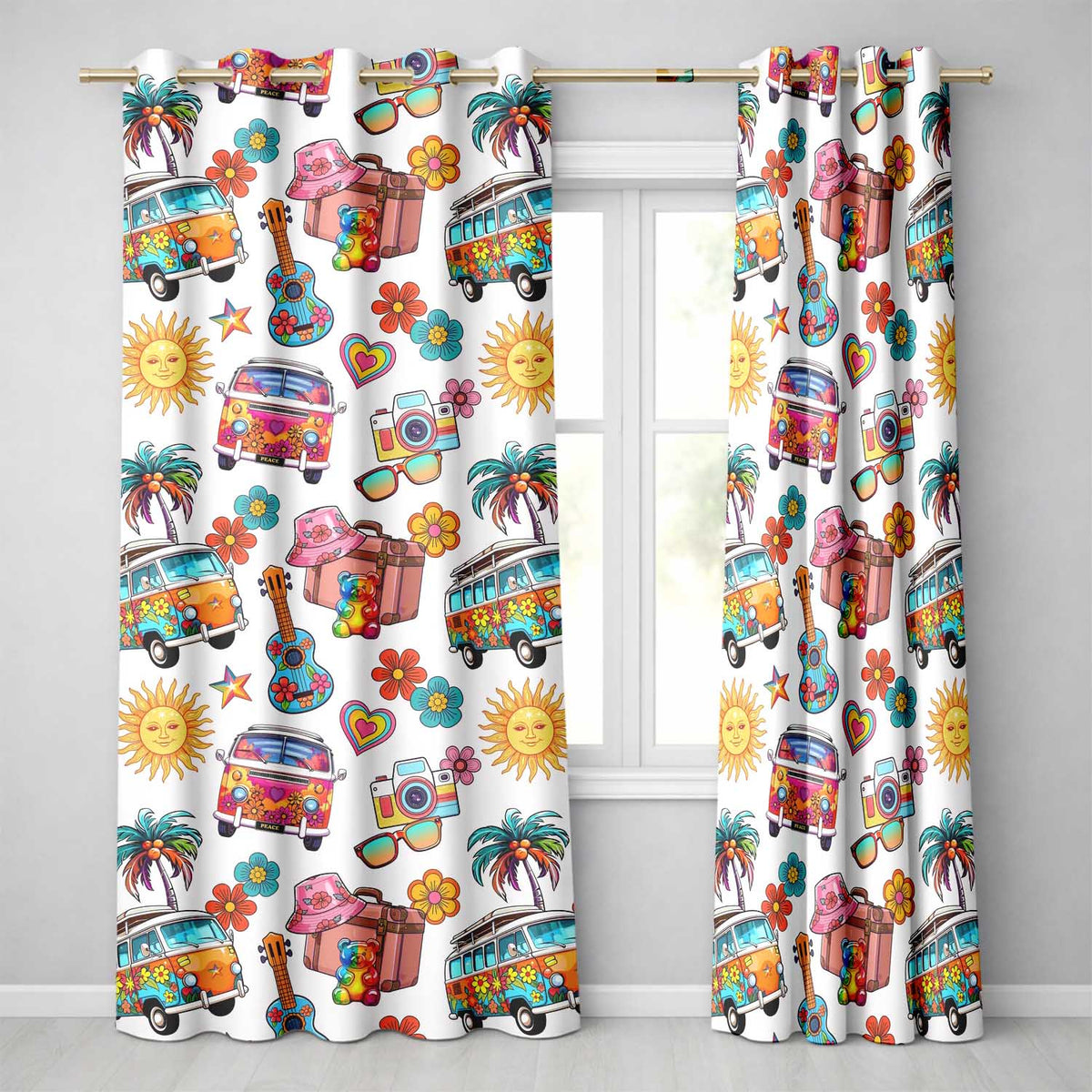 Hippie Van Camera Guitar Floral Travel Beige Background Seamless  Readymade Eyelet Ring Top Thermal 100% Blackout Curtains