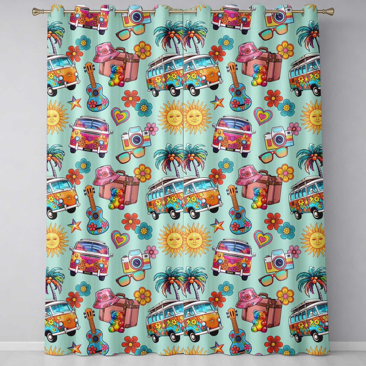 Hippie Van Camera Guitar Floral Travel Mint Background Seamless  Readymade Eyelet Ring Top Thermal 100% Blackout Curtains