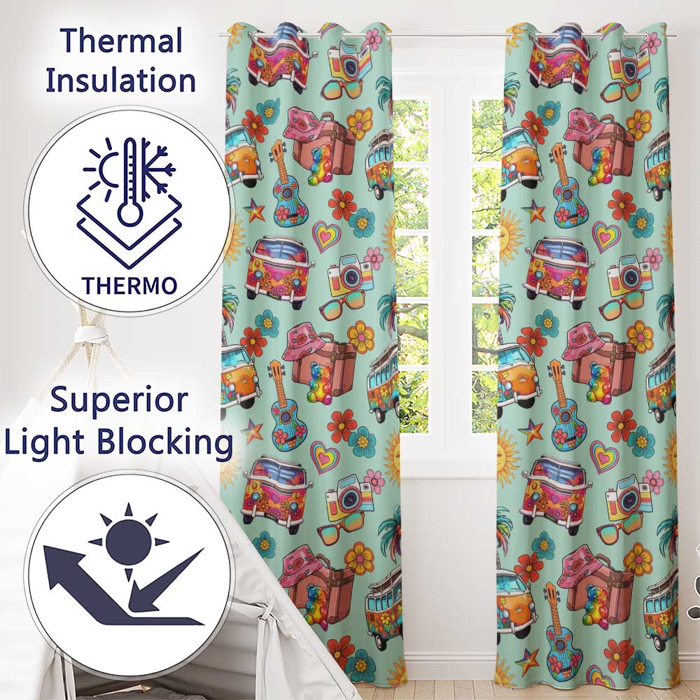 Hippie Van Camera Guitar Floral Travel Mint Background Seamless  Readymade Eyelet Ring Top Thermal 100% Blackout Curtains