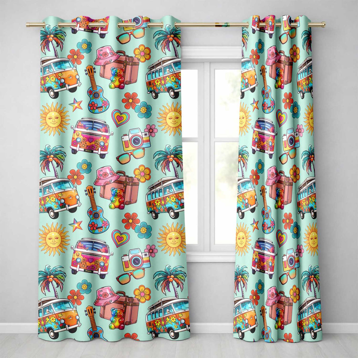 Hippie Van Camera Guitar Floral Travel Mint Background Seamless  Readymade Eyelet Ring Top Thermal 100% Blackout Curtains