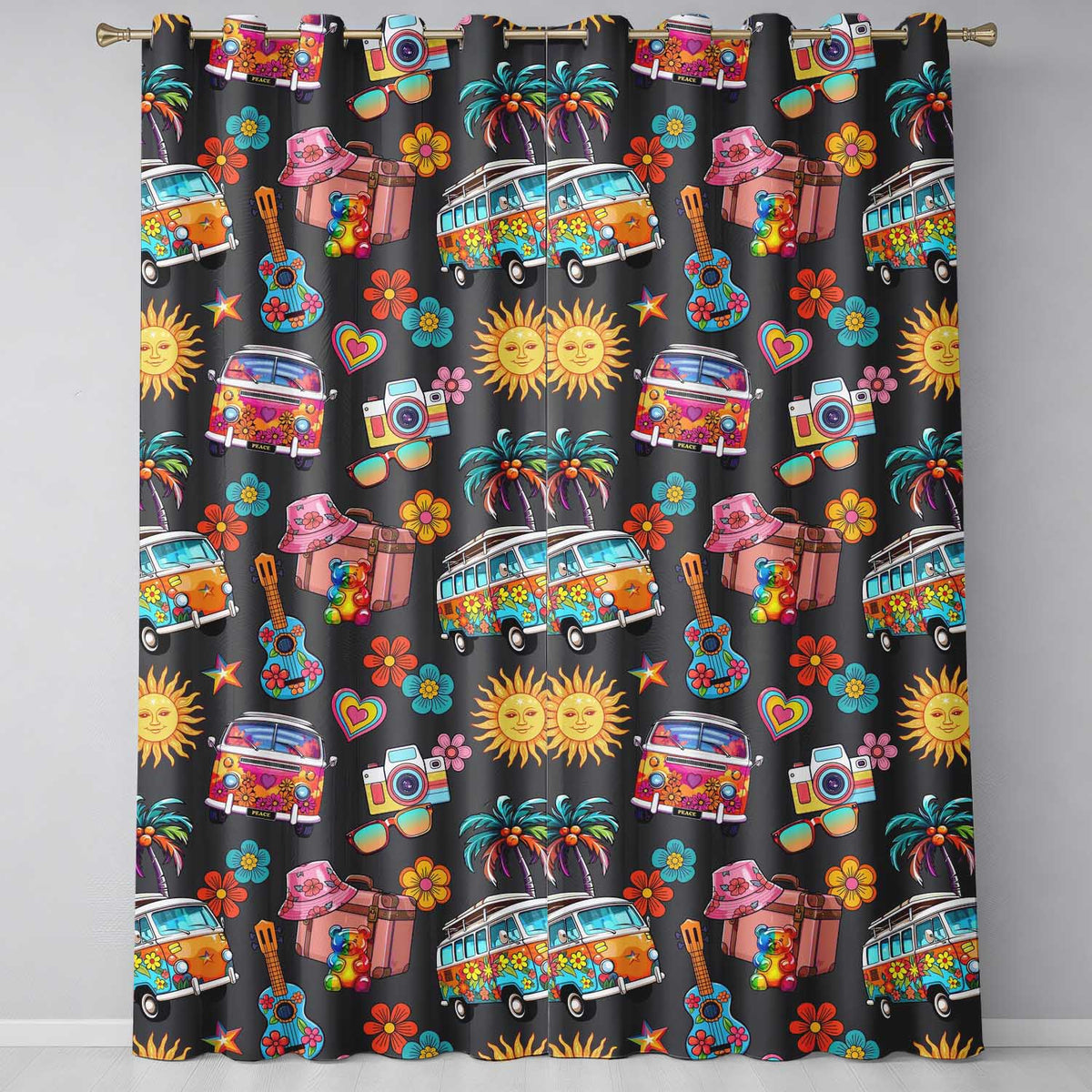 Hippie Van Camera Guitar Floral Travel Black Background Seamless  Readymade Eyelet Ring Top Thermal 100% Blackout Curtains